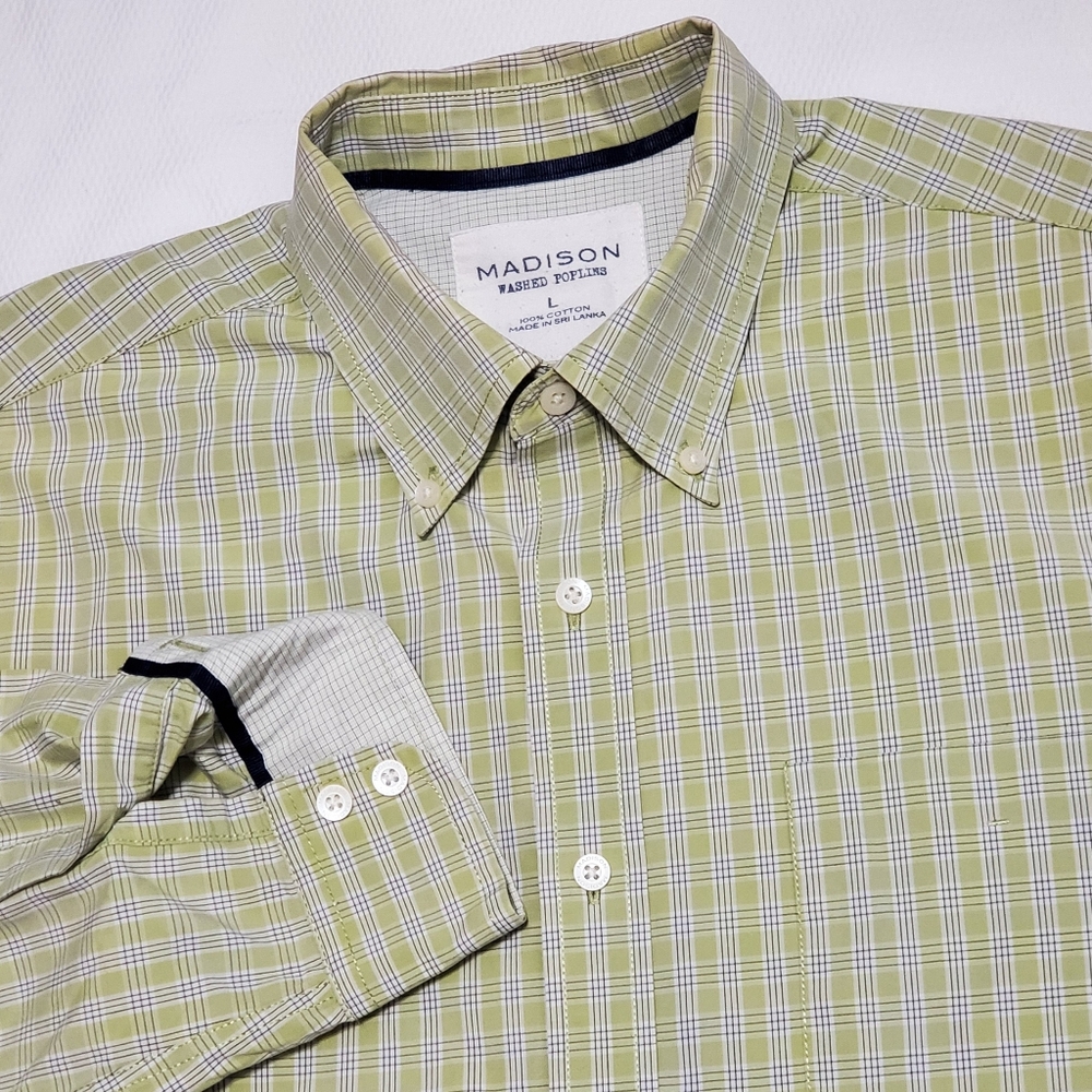 Madison Washed Cotton Poplin Long Sleeve Button Down Shirt Sage Green Large